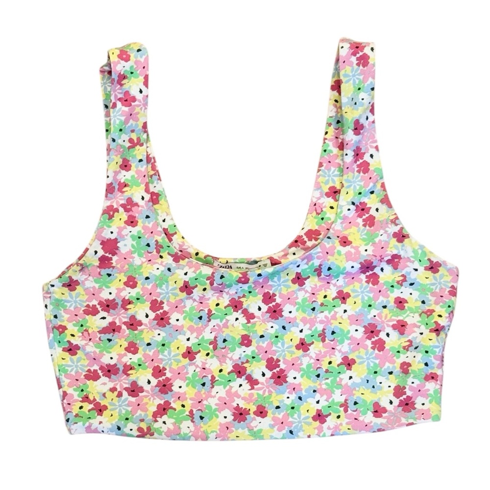 Zara Floral Crop Top Bralette Pink Green Yellow White L Festival